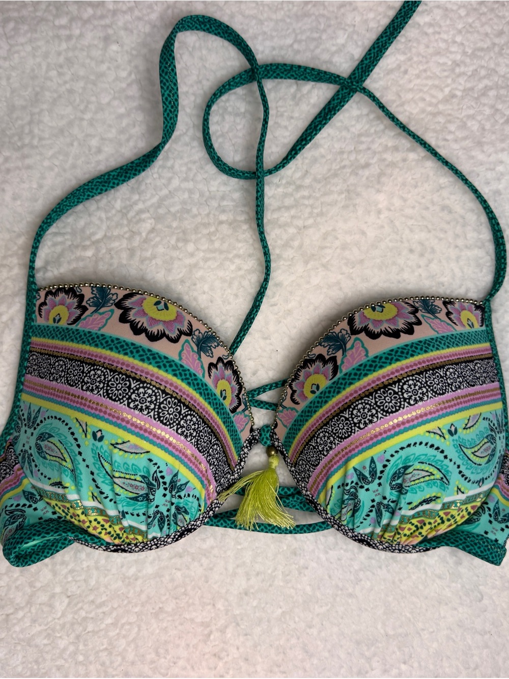 Shade & Shore Teal Paisley Bikini Top with Tassel